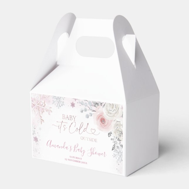 Winter Pastel Pink Snowflake Sleigh Baby Shower Favour Box (Front Side)