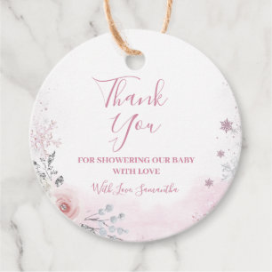 Winter Pastel Pink Snowflake Sleigh Baby Shower Favour Tags
