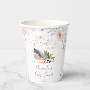 Winter Pastel Pink Snowflake Sleigh Baby Shower Paper Cups