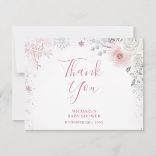 Winter Pastel Pink Snowflake Sleigh Baby Shower Thank You Card
