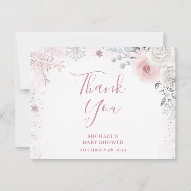 Winter Pastel Pink Snowflake Sleigh Baby Shower Thank You Card (Front)