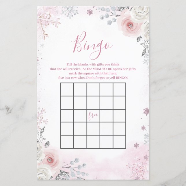 Winter Pastel Pink Snowflake Sleigh Bingo Game (Front)