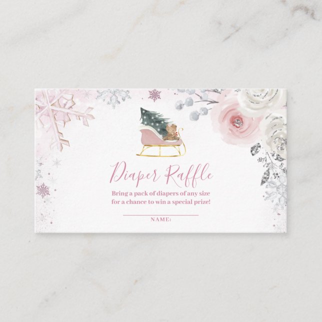 Winter Pastel Pink Snowflake Sleigh Diaper Raffle Enclosure Card (Front)