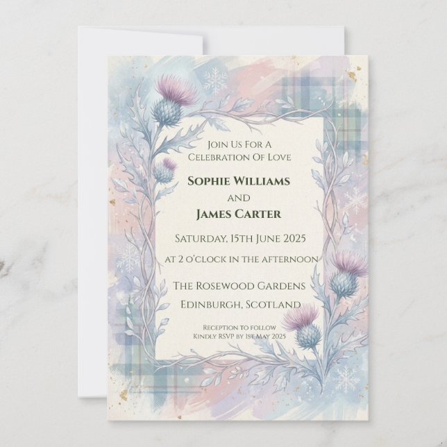Winter Pastel Thistle Tartan Wedding Invitation (Front)