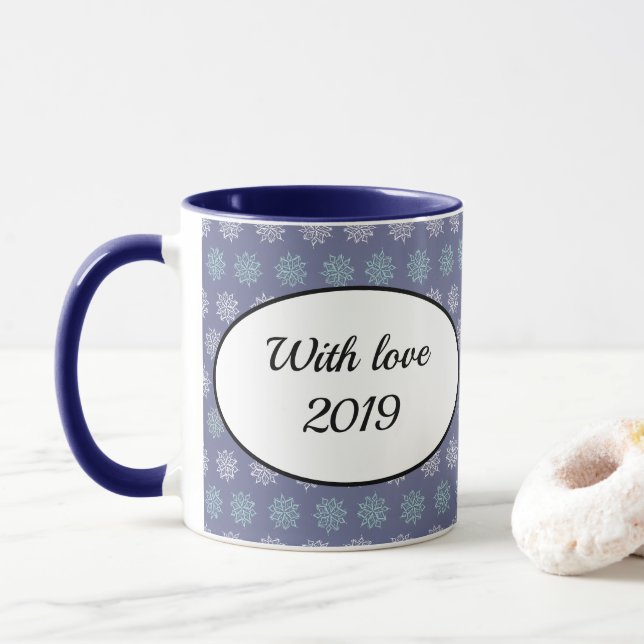 Winter Pattern Blue and White Snowflakes Mug (With Donut)