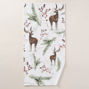 Winter Pattern Deer And Fir Needles Bath Towel