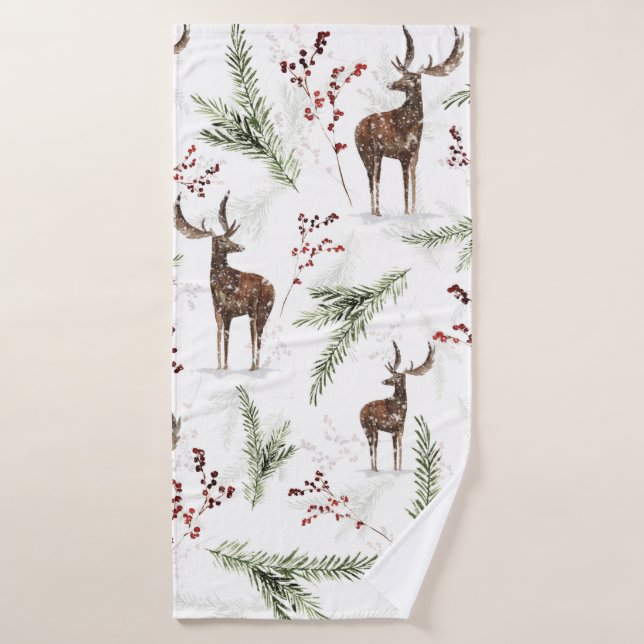 Winter Pattern Deer And Fir Needles Bath Towel (Bath Towel)