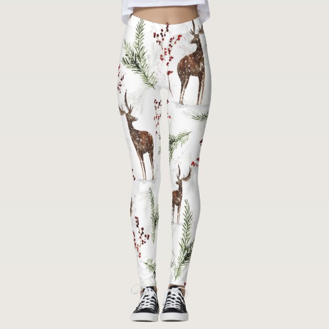 Winter Pattern Deer And Fir Needles Leggings (Front)