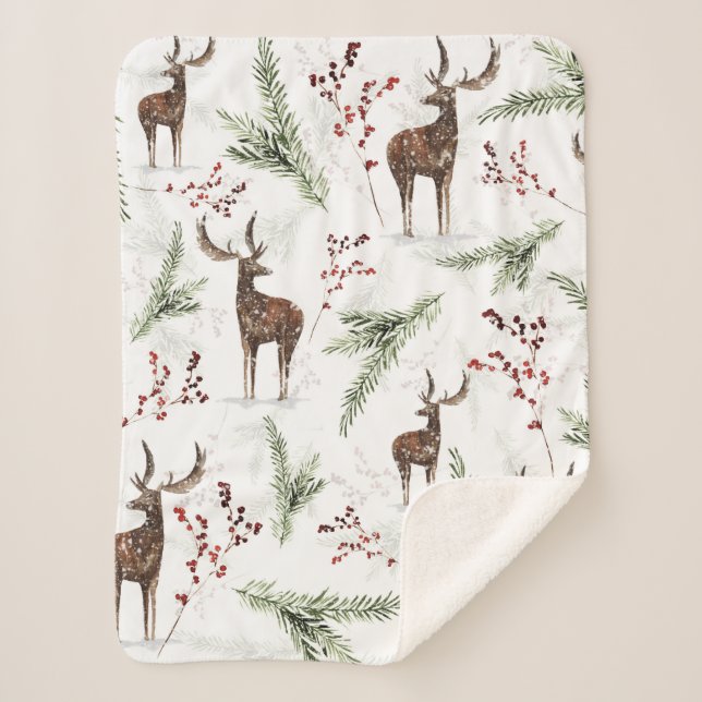 Winter Pattern Deer And Fir Needles Sherpa Blanket (Front)