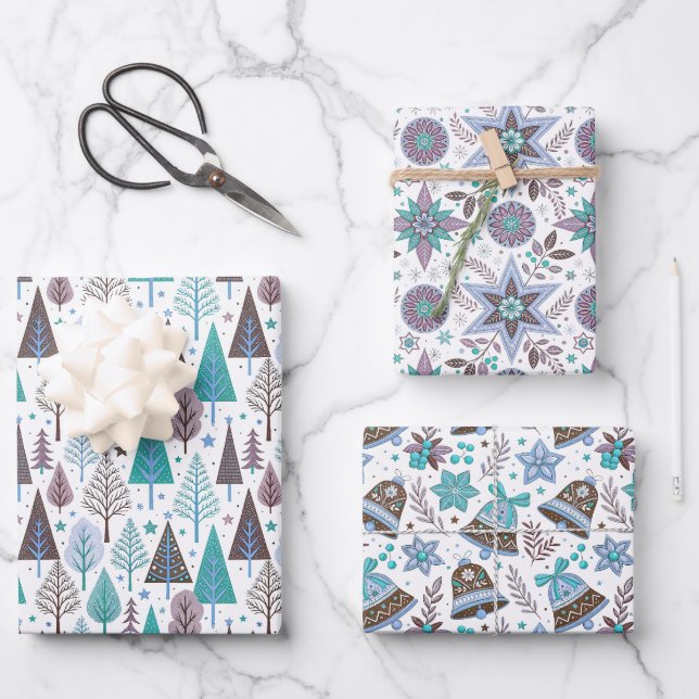 Winter Patterns with Stars in Purple and Teal Wrapping Paper Sheet (Front)