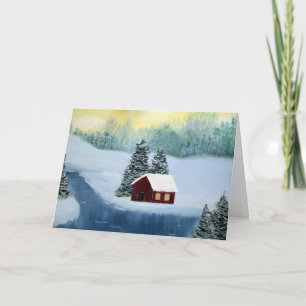 Winter Peace Cabin Frozen River Landscape Scene Holiday Card