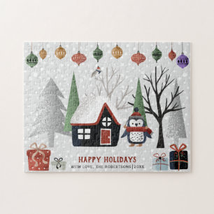 Winter penguin and trees Happy holidays Christmas Jigsaw Puzzle