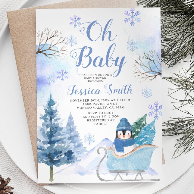 Winter Penguin Arctic Animal Mountain Baby Shower Invitation (Creator Uploaded)
