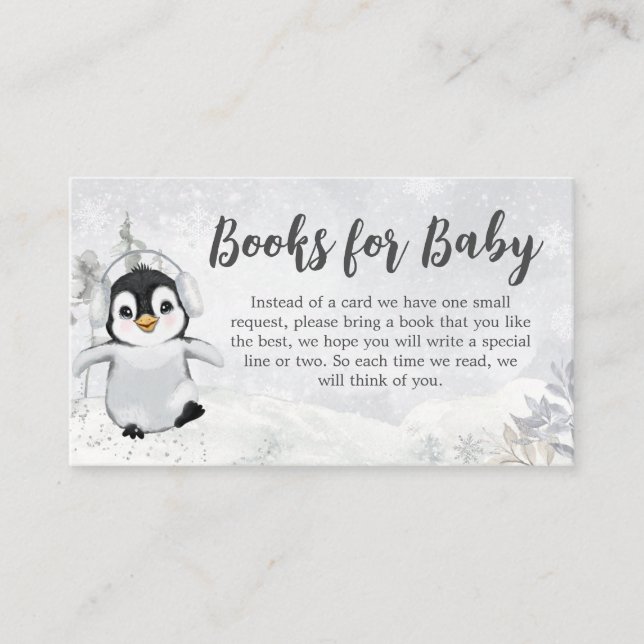 Winter Penguin Baby Shower Books for Baby Enclosure Card (Front)