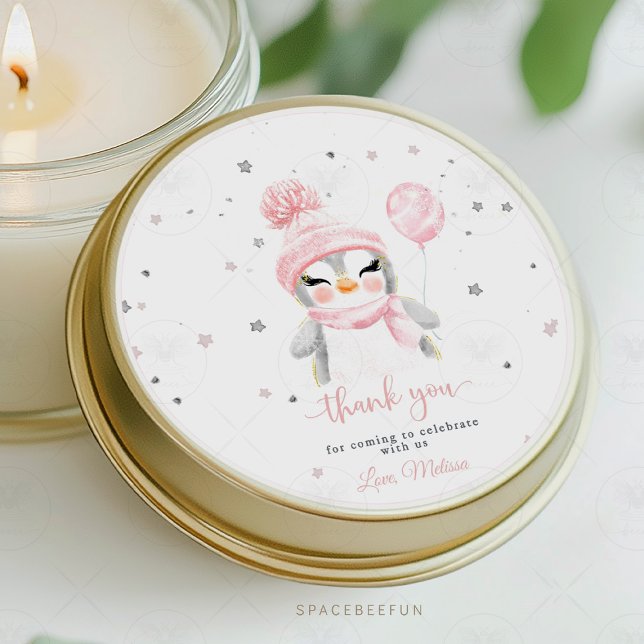 Winter Penguin baby shower  Classic Round Sticker (Penguin baby shower sticker, penguin theme baby shower stickers, personalized penguin baby shower st)