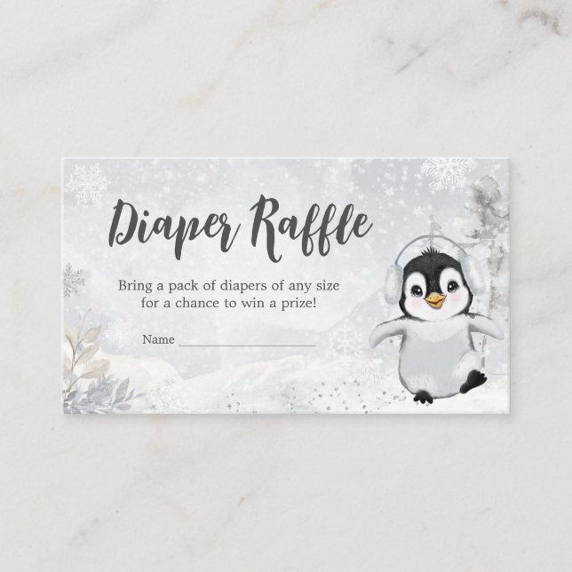 Winter Penguin Baby Shower Diaper Raffle Enclosure Card (Front)