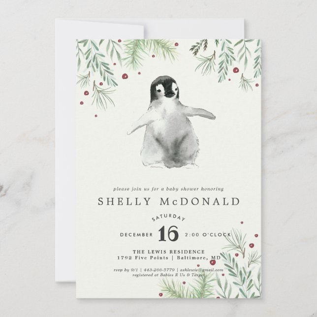 Winter Penguin Baby Shower Invitation (Front)