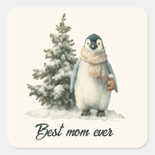 Winter Penguin “Best Mom Ever” Design Square Sticker