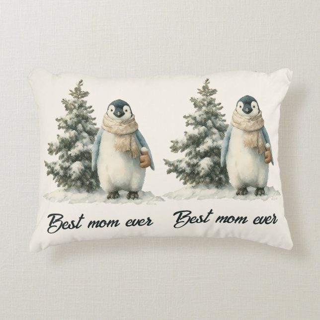 Winter Penguin “Best Mum Ever” Design Decorative Cushion (Front)