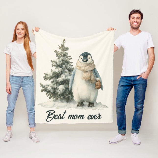 Winter Penguin “Best Mum Ever” Design Fleece Blanket (In Situ)