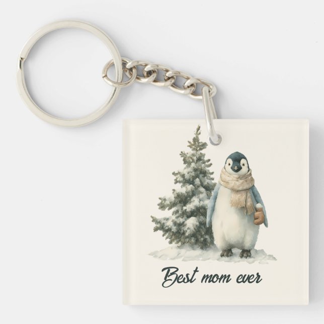 Winter Penguin “Best Mum Ever” Design Key Ring (Front)