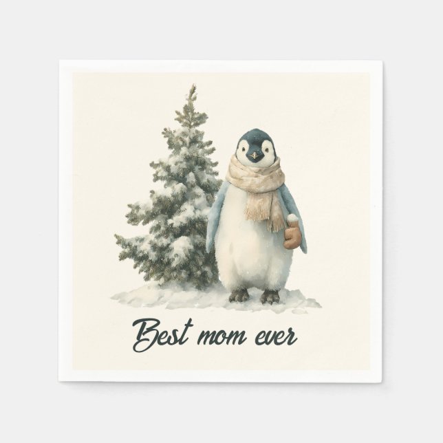 Winter Penguin “Best Mum Ever” Design Napkin (Front)