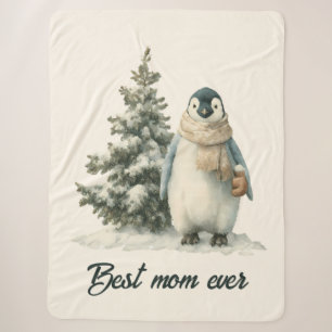 Winter Penguin “Best Mum Ever” Design Sherpa Blanket
