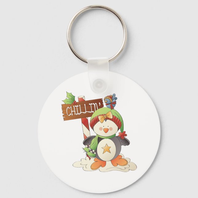 Winter Penguin & Bird Chillin Christmas Holiday  Key Ring (Front)