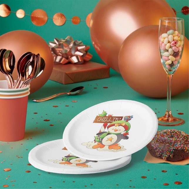 Winter Penguin & Bird Chillin Christmas Holiday  Paper Plate (Creator Uploaded)