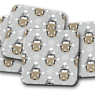 Winter Penguin Christmas Cork Drink Coaster Set