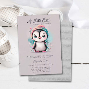 Winter Penguin Cutie Pink Teal Girl Baby Shower Invitation
