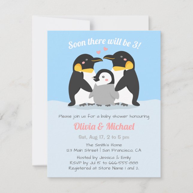 Winter Penguin Family Of Three Baby Shower Invitation (Front)