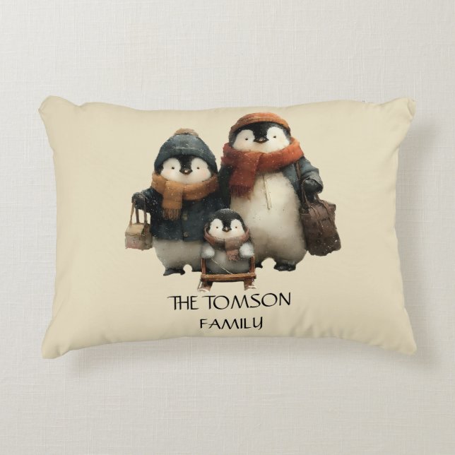 Winter Penguin Family Personalized Design Decorative Cushion (Front)