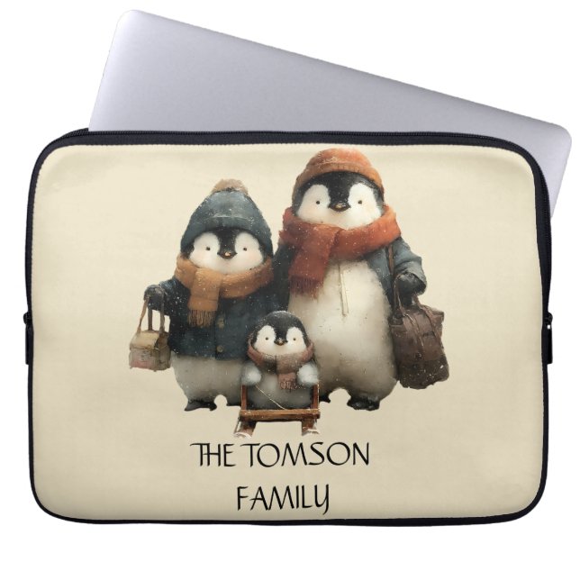 Winter Penguin Family Personalized Design Laptop Sleeve (Front)