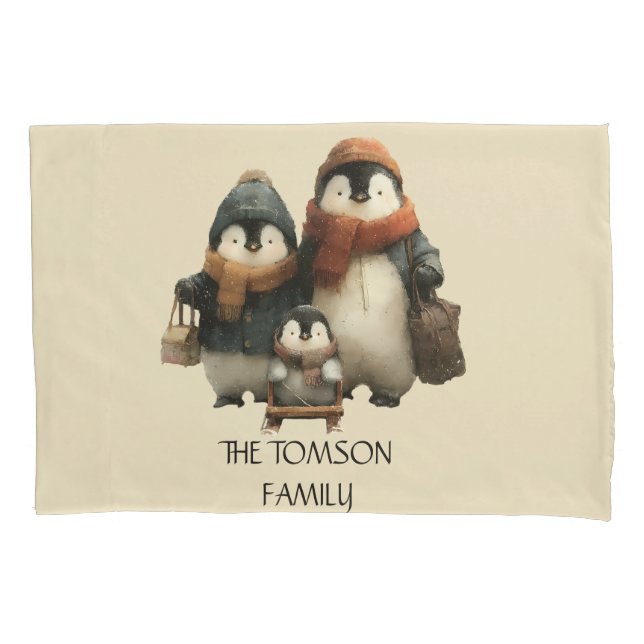 Winter Penguin Family Personalized Design Pillowcase (Front)