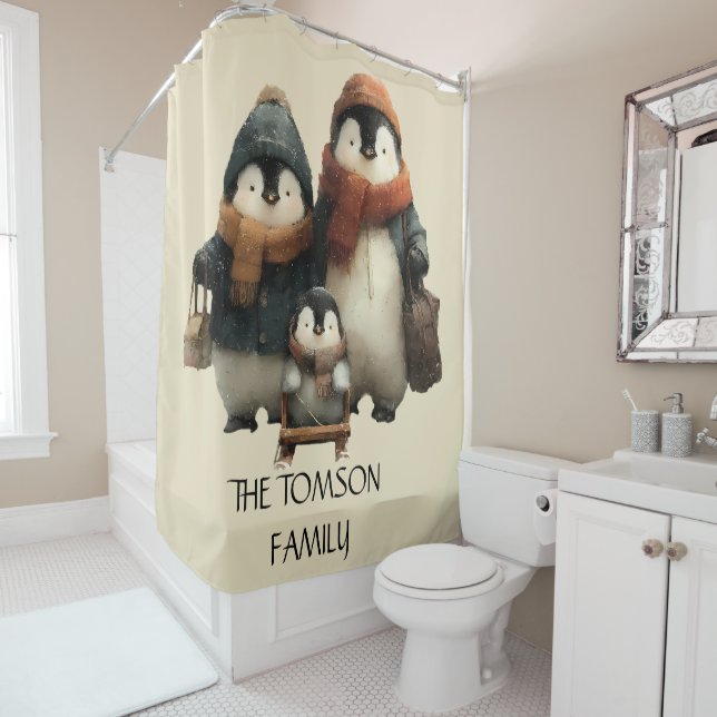 Winter Penguin Family Personalized Design Shower Curtain (In Situ)