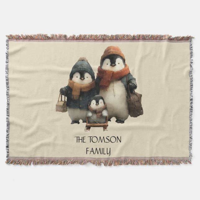 Winter Penguin Family Personalized Design Throw Blanket (Front)