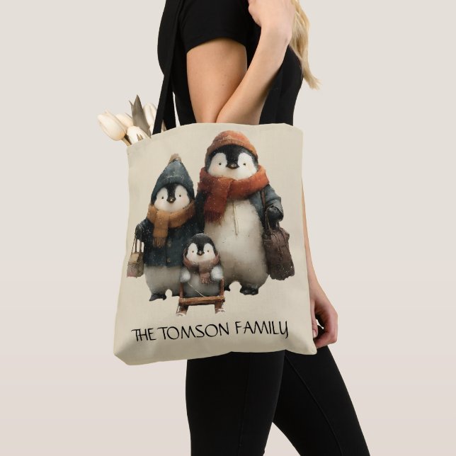Winter Penguin Family Personalized Design Tote Bag (Close Up)