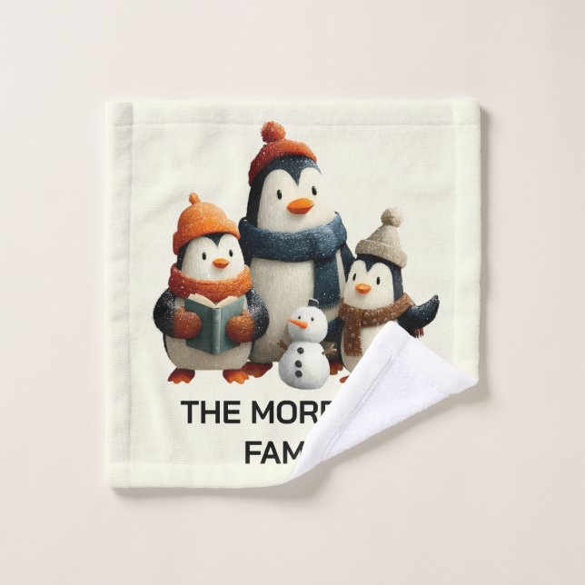 Winter Penguin Family with Snowman Bath Towel Set (Wash Cloth)