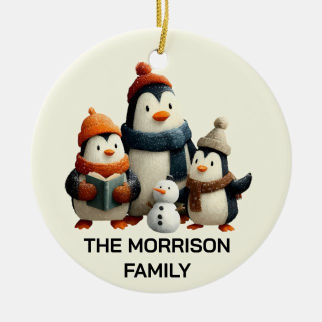 Winter Penguin Family with Snowman Ceramic Tree Decoration (Front)