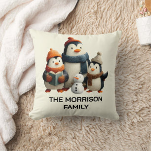 Winter Penguin Family with Snowman Cushion