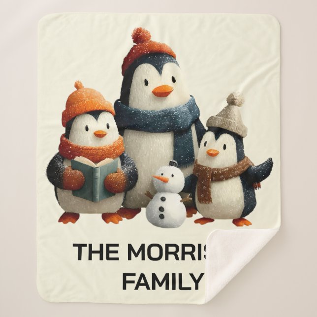 Winter Penguin Family with Snowman Sherpa Blanket (Front)
