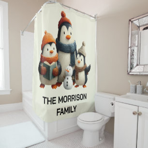 Winter Penguin Family with Snowman Shower Curtain
