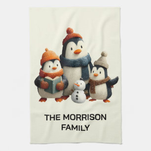Winter Penguin Family with Snowman Tea Towel