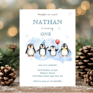 Winter Penguin First Birthday Invitation