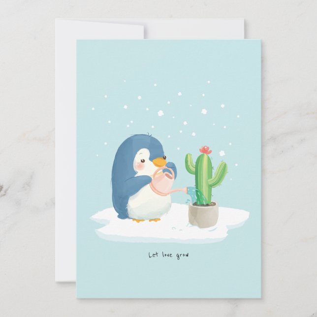 Winter Penguin Gardener Let Love Grow Thank You Card (Front)