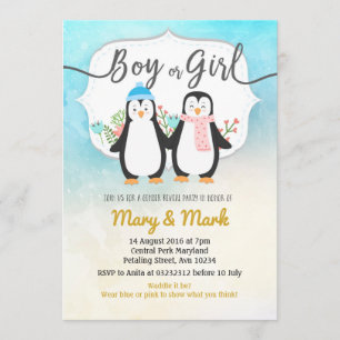 Winter Penguin Gender Reveal party Invitation