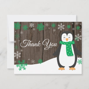 Winter Penguin Green Snowflake Thank You Card