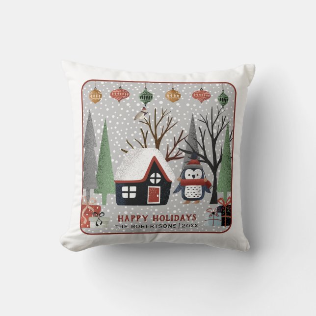 Winter penguin, Happy Holidays and snowflake Cushion (Front)