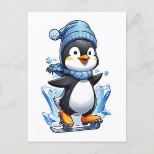 Winter Penguin Ice Staking Postcard